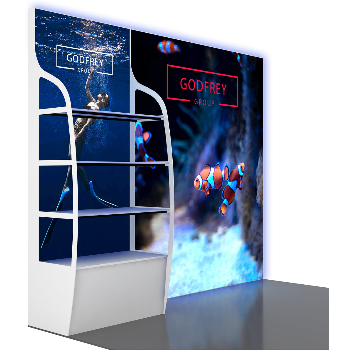 10' Backlit Shelf Display With Two Lightboxes - Godfrey Group