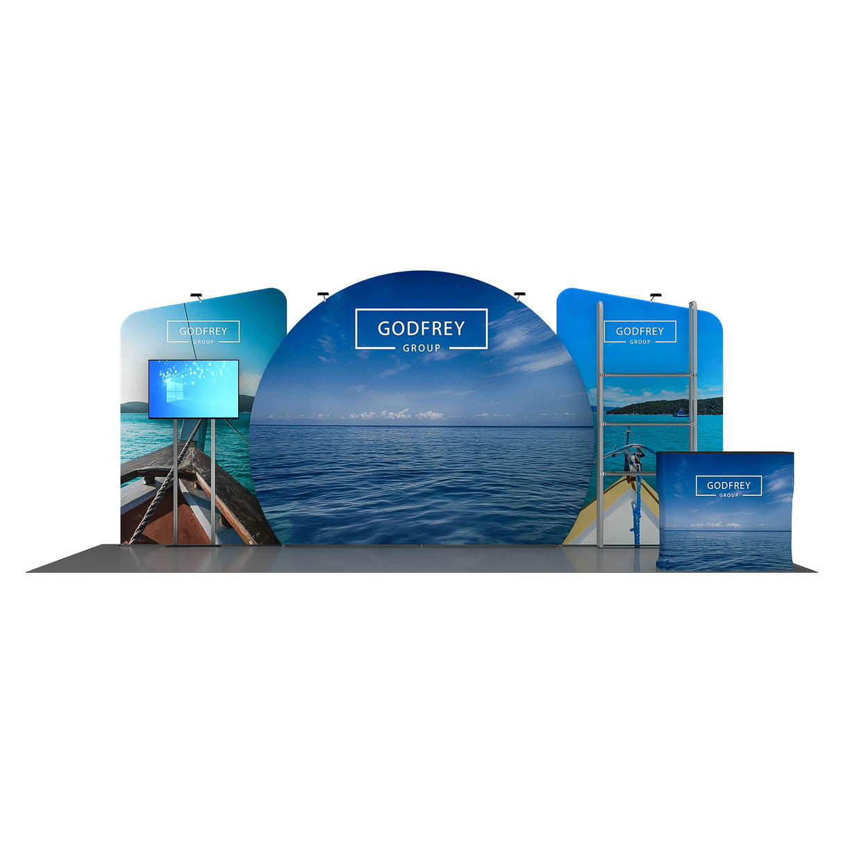 10x20 Exhibit With One Shelving Module and Monitor Mount