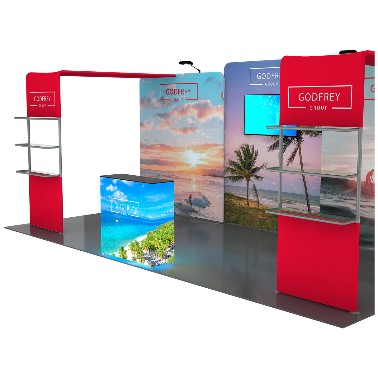 10x20 Exhibit With Two Shelving Modules and Monitor Mount