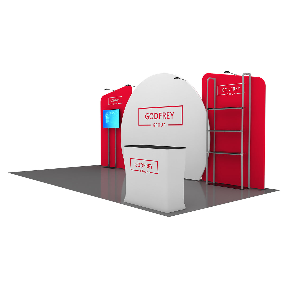 10x20 Exhibit With One Shelving Module and Monitor Mount