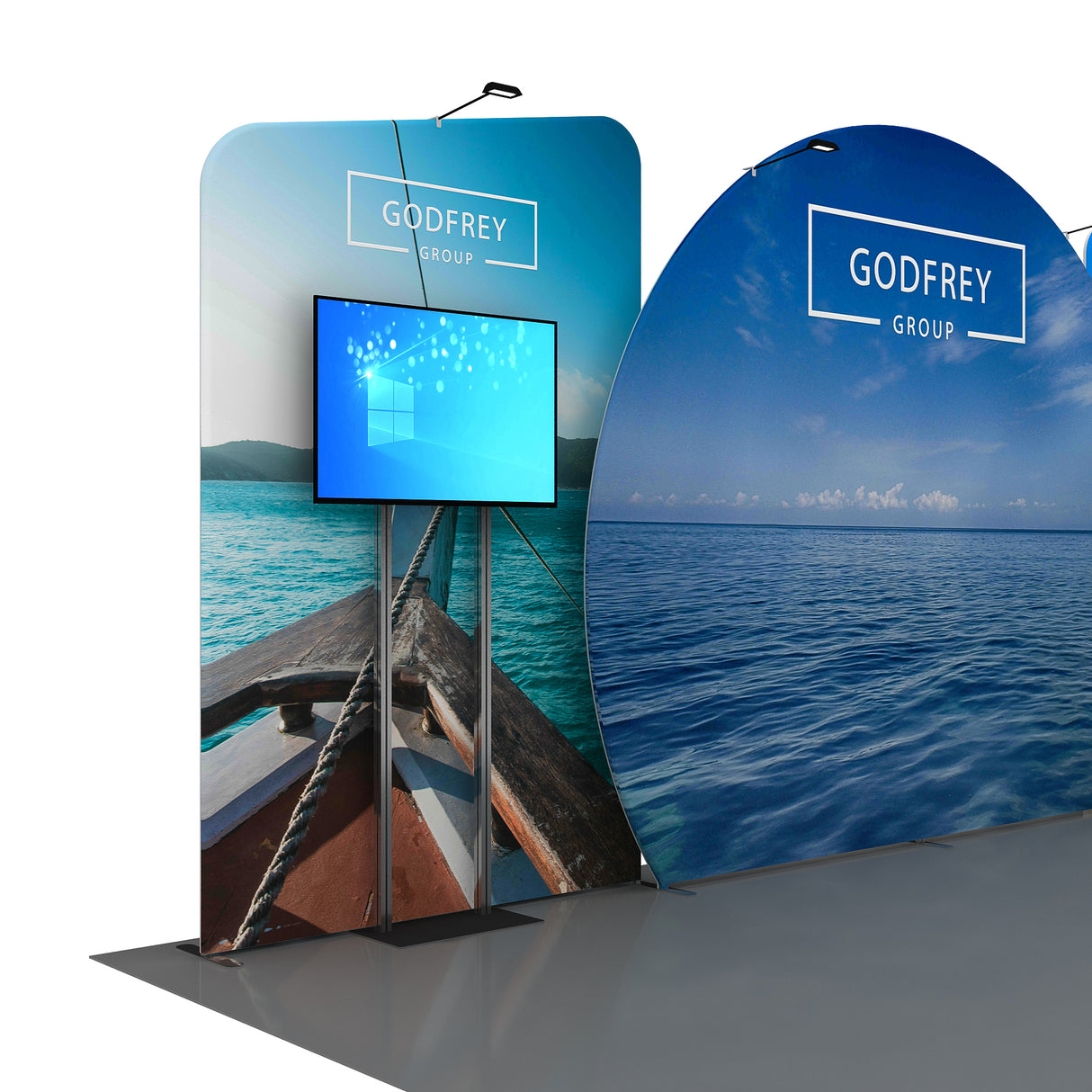 10x20 Exhibit With One Shelving Module and Monitor Mount