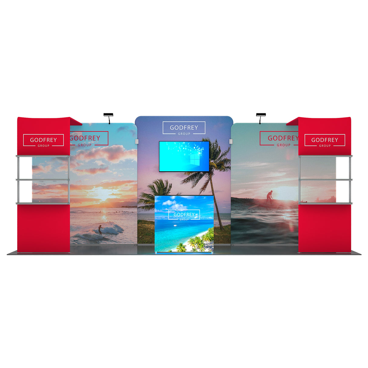 10x20 Exhibit With Two Shelving Modules and Monitor Mount