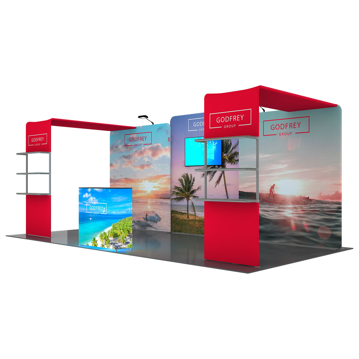 10x20 Exhibit With Two Shelving Modules and Monitor Mount