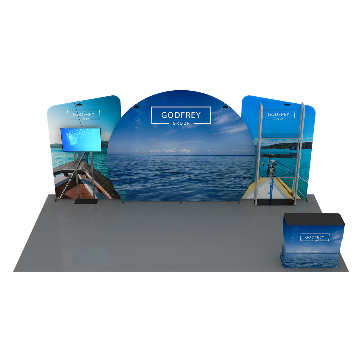 10x20 Exhibit With One Shelving Module and Monitor Mount