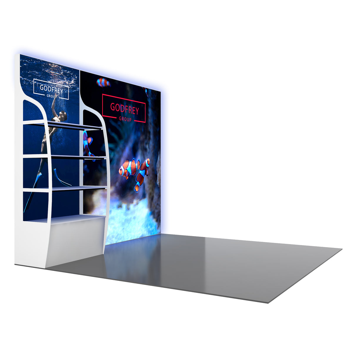 10' Backlit Shelf Display With Two Lightboxes - Godfrey Group