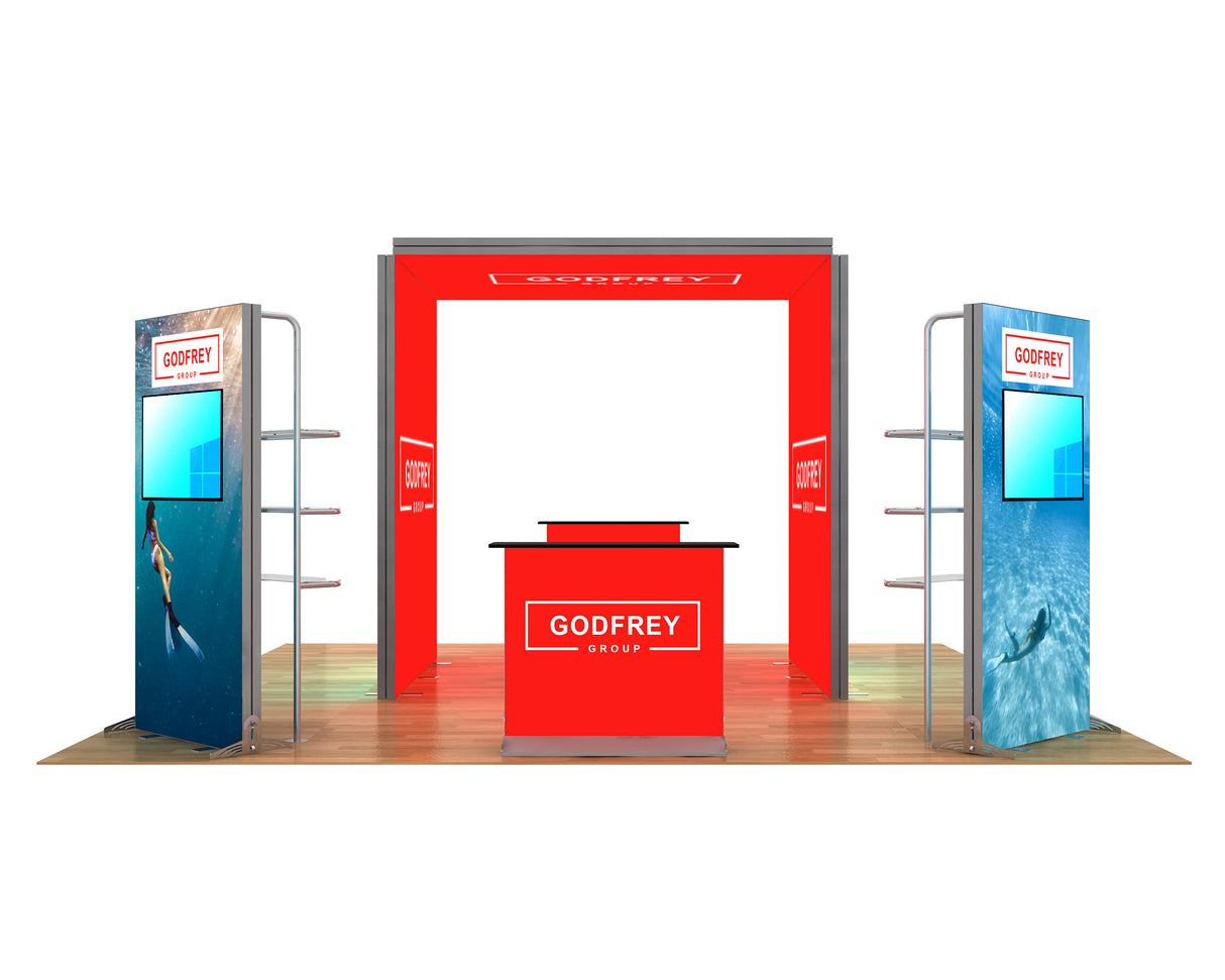 20 x 20 Backlit Exhibit With Canopy and Shelf Modules