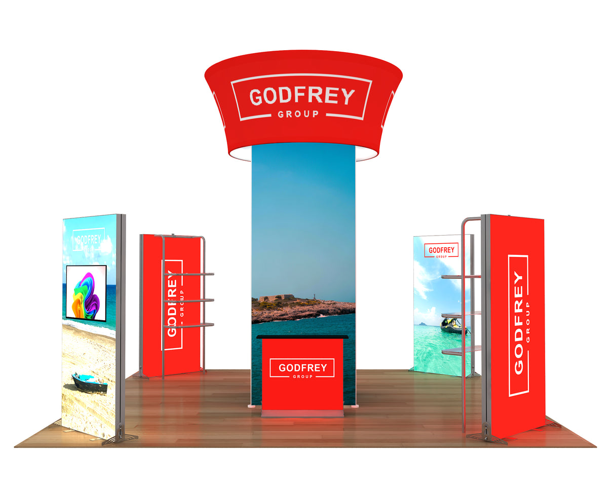 20 x 20 Exhibit With Center Tower and Four Light Boxes