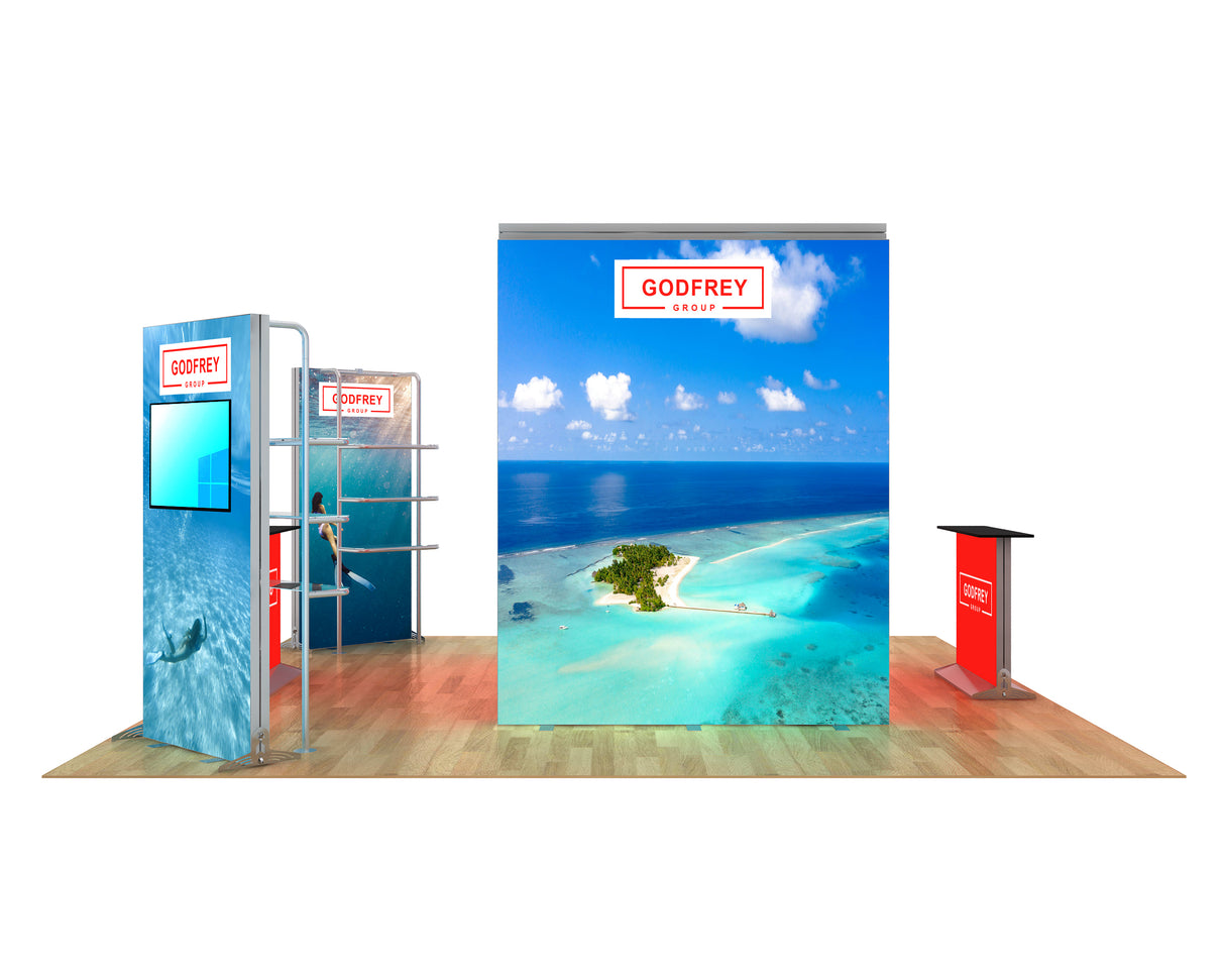 20 x 20 Backlit Exhibit With Canopy and Shelf Modules