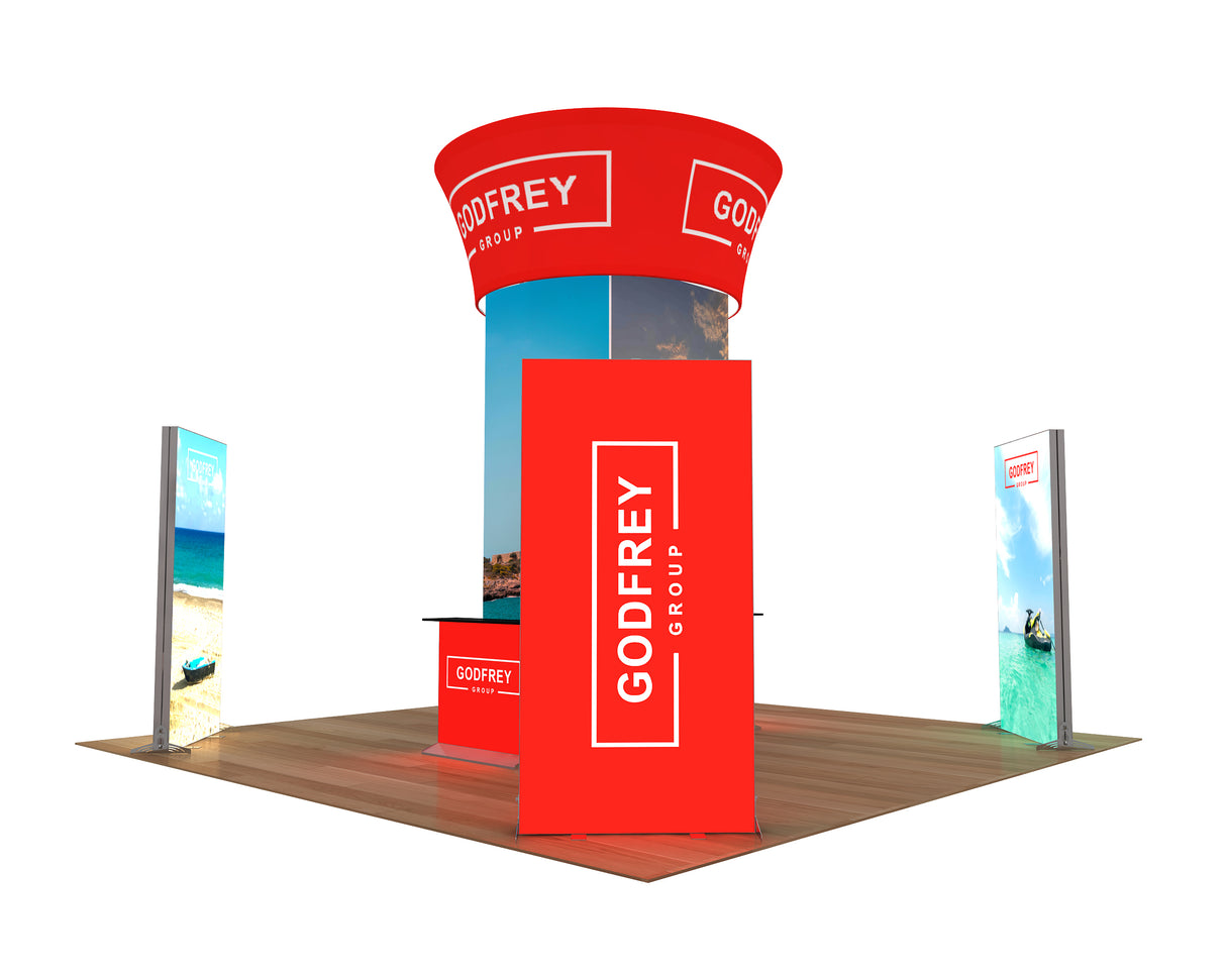 20 x 20 Exhibit With Center Tower and Four Light Boxes