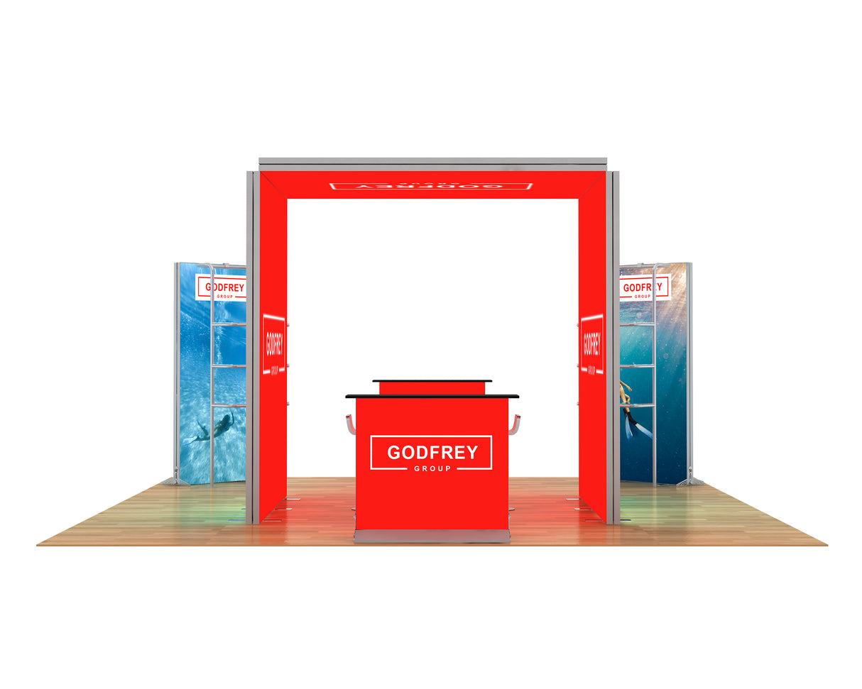 20 x 20 Backlit Exhibit With Canopy and Shelf Modules