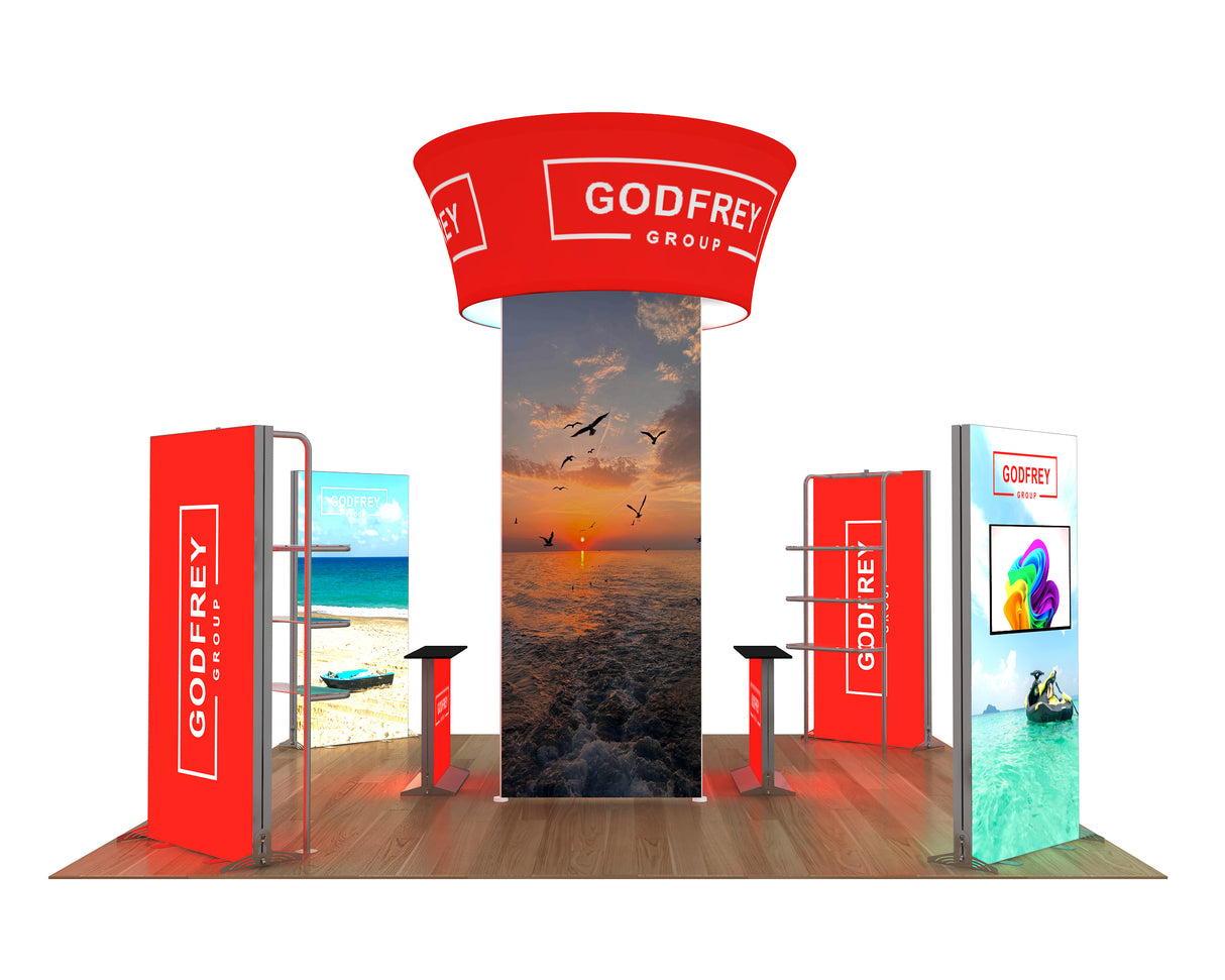 20 x 20 Exhibit With Center Tower and Four Light Boxes