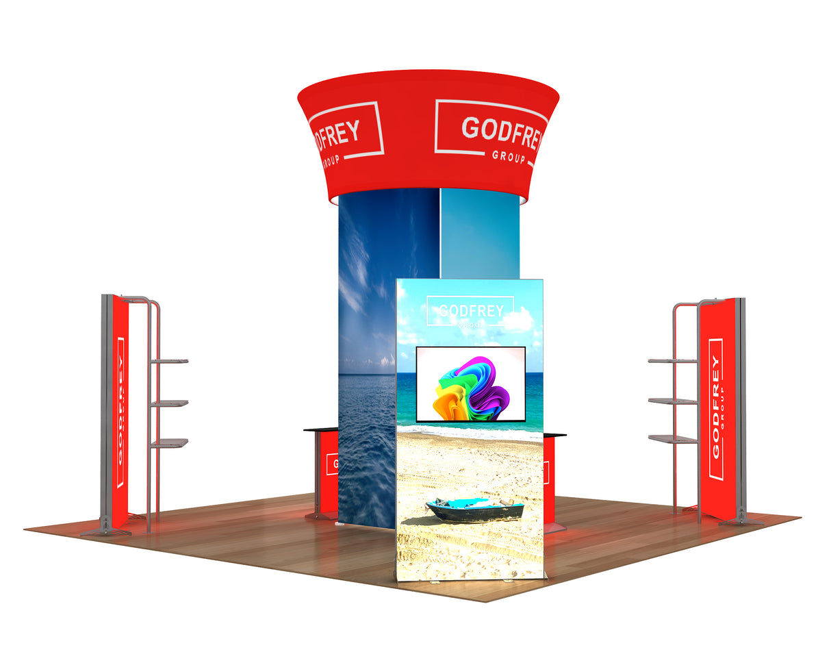 20 x 20 Exhibit With Center Tower and Four Light Boxes