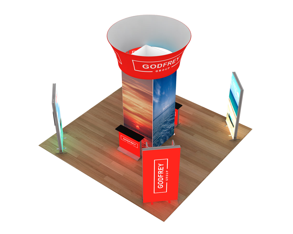 20 x 20 Exhibit With Center Tower and Four Light Boxes