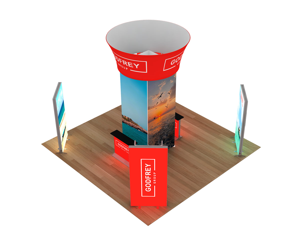 20 x 20 Exhibit With Center Tower and Four Light Boxes