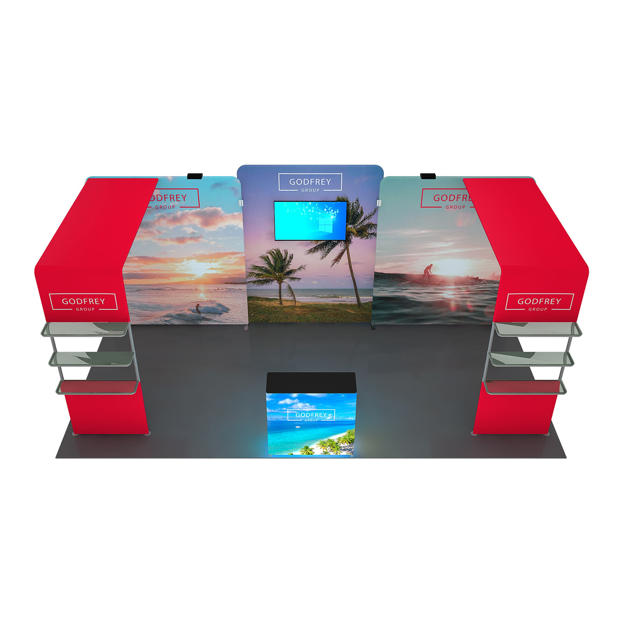 10x20 Exhibit With Two Shelving Modules and Monitor Mount