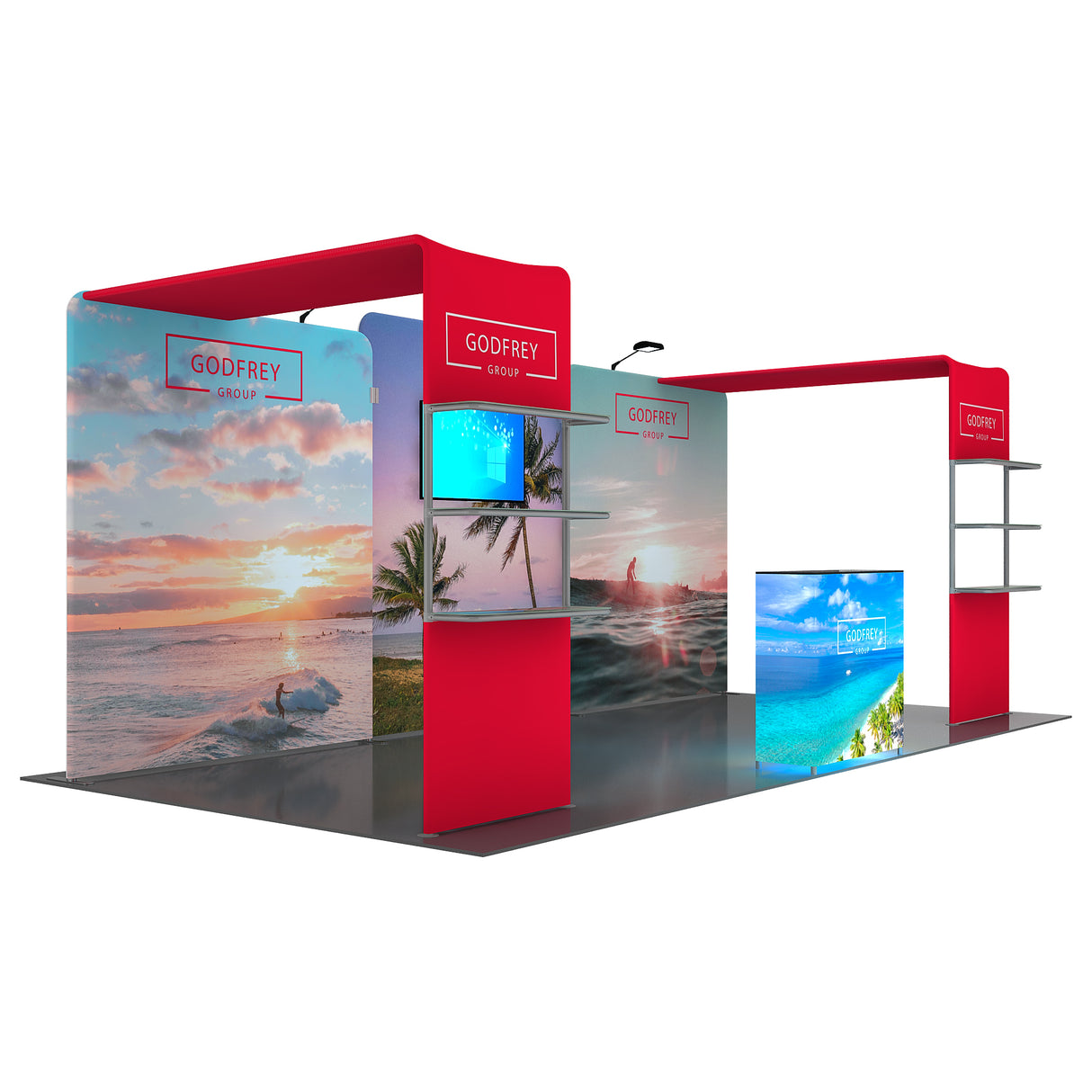 10x20 Exhibit With Two Shelving Modules and Monitor Mount
