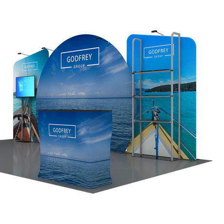 10x20 Exhibit With One Shelving Module and Monitor Mount