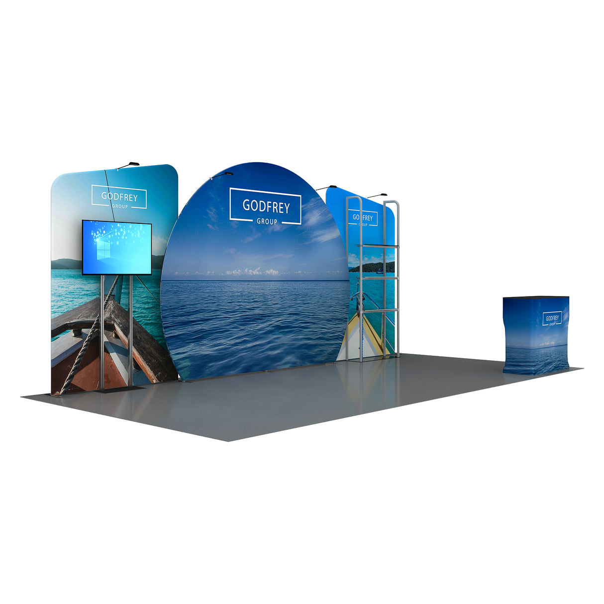 10x20 Exhibit With One Shelving Module and Monitor Mount