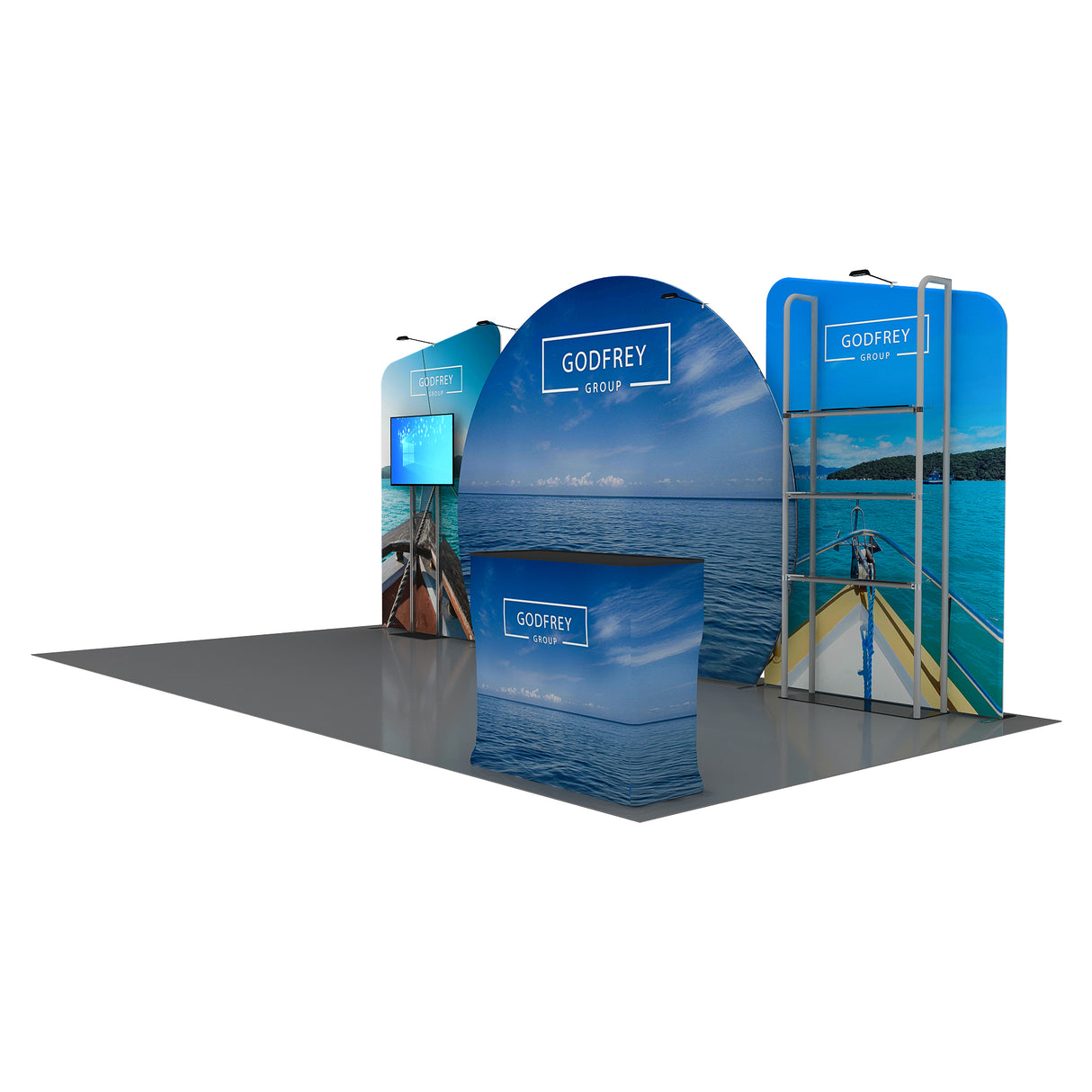 10x20 Exhibit With One Shelving Module and Monitor Mount
