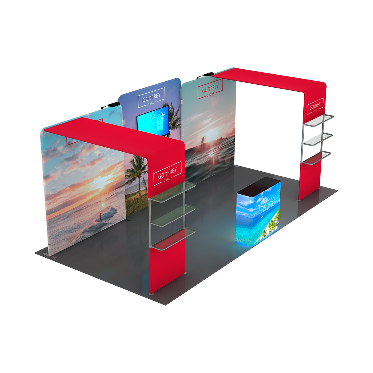 Exhibit Table Module 10x20 Exhibit With Two Shelving Modules and Monitor Mount – Godfrey Group