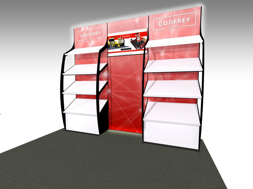 Stack Out Displayer 10' Backlit OutRigger II Shelf Display With Monitor Mount | Godfrey Group