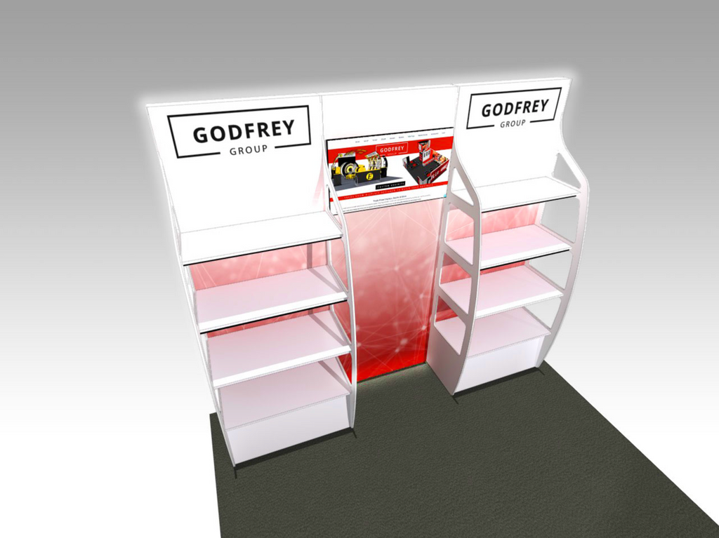 10' Backlit OutRigger II Shelf Display With Monitor Mount | Godfrey Group
